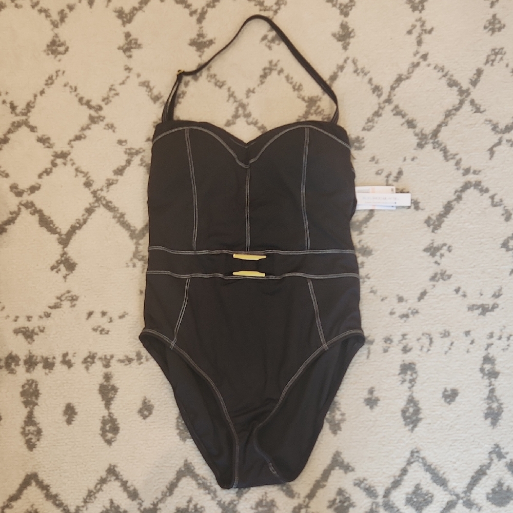 Bleu Rod Beattie Black One Piece with Sweetheart Neckline and Gold Accent, Sz 10